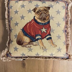 Decorative Pug Pillow with Red and Blue Accents